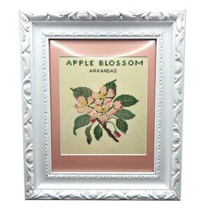 Cross Stitch Apple Blossom Arkansas Framed Wall Art 13" X 11" White Frame Pink M